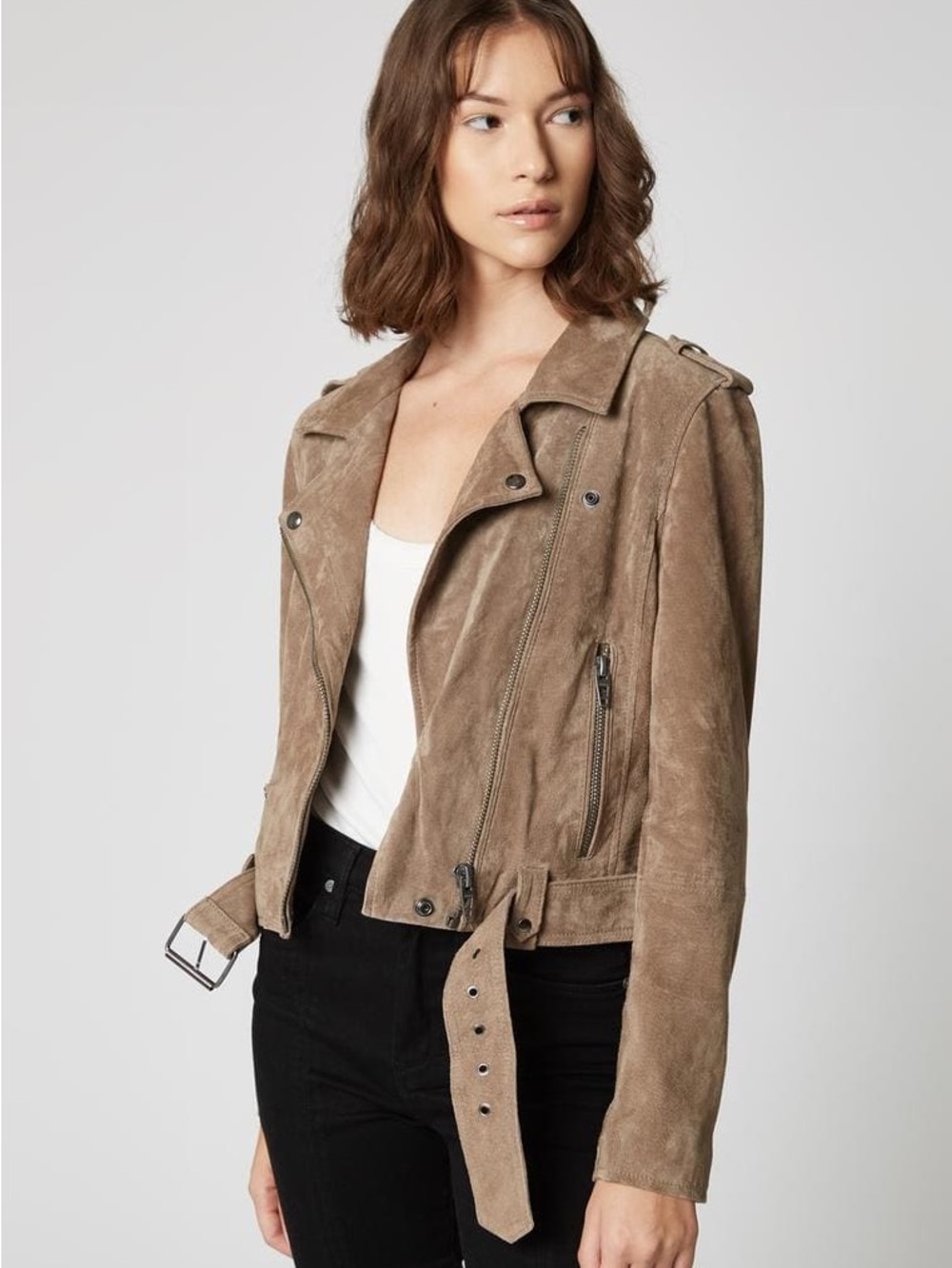 BLANKNYC Genuine Suede Moto Biker Jacket French Taupe Size L (Fits a Size Small)
